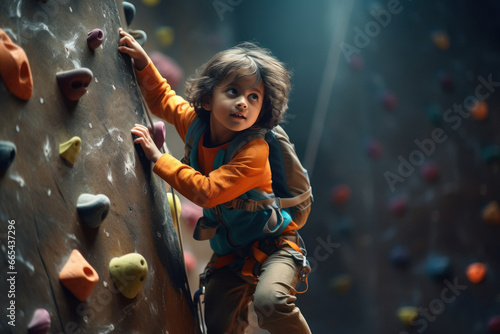 Indian cute little boy climbing on the wall