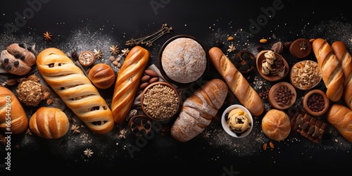 Bakery - various kinds of breadstuff. Bread rolls, baguette, bagel, sweet bun and croissant captured from above (top view, flat lay). Black background, free copy space. Horizontal banner layout.