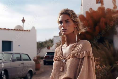 Mujer rubia de pie posando con un vestido de gasa marrón en un paisaje de la isla de Ibiza en España