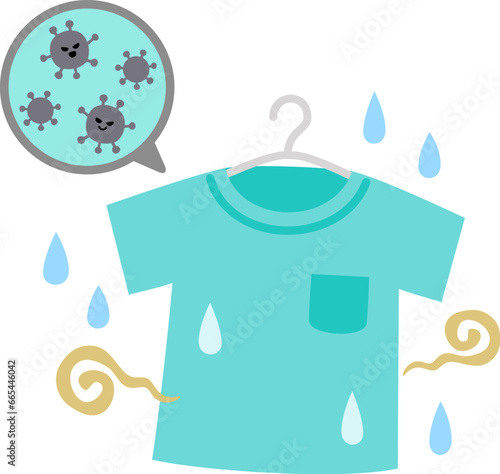 悪臭を放つ生乾きの洗濯物と雑菌のイメージ