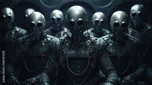 cyberpunk aliens gather around in a room