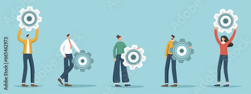 Analyze problem to find a business solution to solve the problem, experience and skills to achieve success, leadership, technical support and service, set of illustrations of random people with gears.
