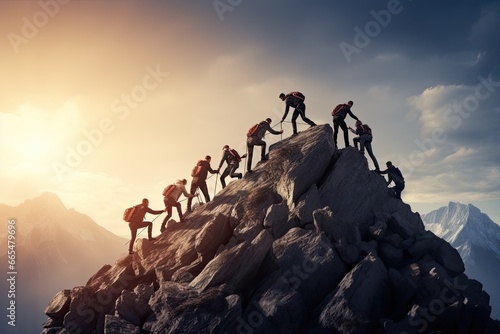 Group of climbers climbing on mountain peak. Teamwork and leadership concept, Group of people on peak mountain climbing helping team work, AI Generated