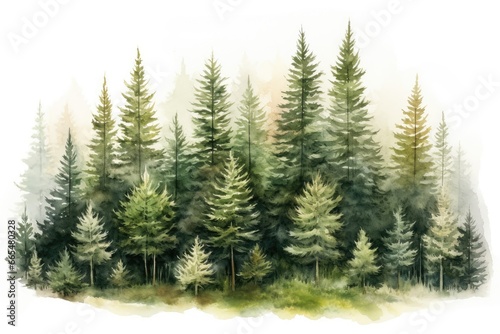 Watercolor illustration of a coniferous forest on a white background, Hand drawn watercolor coniferous forest illustration of spruce, AI Generated