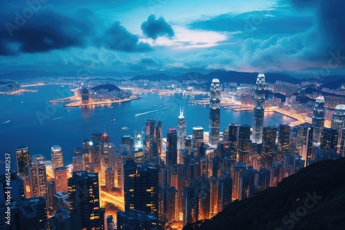 Hong Kong skyline at night. Hong Kong is the largest city in the world, Hong Kong city view from The Peak at twilight, AI Generated