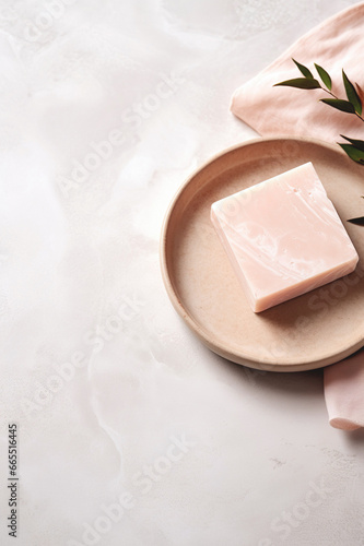 A pastel and rustic soap bar beautifully displayed in a minimalistic and organic bath product scene.