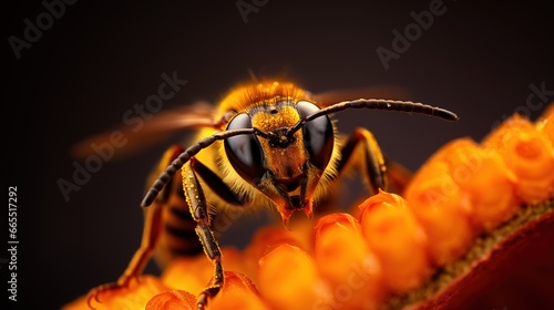 Yellow jacket wasp resting on flower macro closeup, ill tempered flying insect with painful sting, big black eyes.