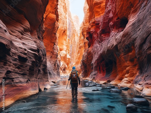 hiker in canyon in the river