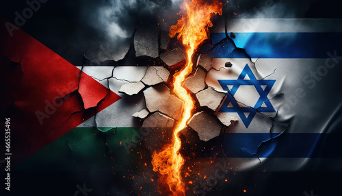 Israel vs Palestine National Flags Grunge Style with Fire Crack. Palestinian Gaza Strip War Conflict breaking relationship. Geopolitical Warfare crisis concept. Israel vs Hamas. Middle East security