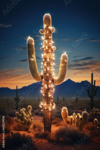 Festive Arizona: Saguaro Cactus Adorned with Christmas Lights