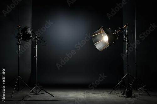 Studio lighting room isolated on black background. Photo film sport ready stage. Generate Ai