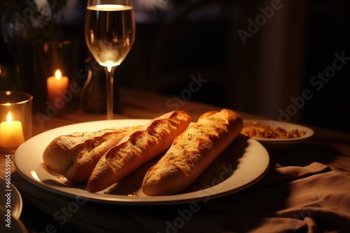 A plate of bread and a glass of wine on a table. Perfect for food and beverage related designs