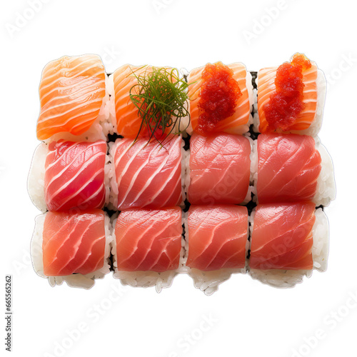 Top view Hand-pressed Sushi on a transparent background.