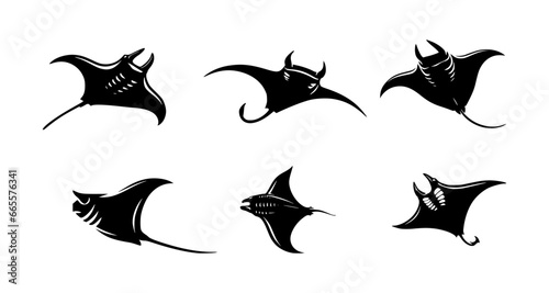 set of manta ray silhouettes on isolated background