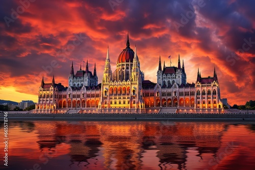 Hungarian Parliament Building in Budapest, Hungary at sunset. Beautiful landscape, Hungarian parliament, Budapest at sunset, AI Generated