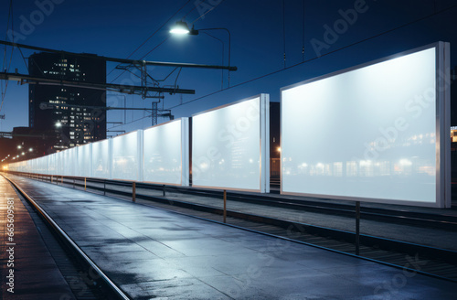 An empty white billboard next to a train track, Generative AI