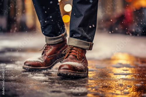 Close-up man feet in classic brown leather shoes standing on a snowy urban street, winter weather