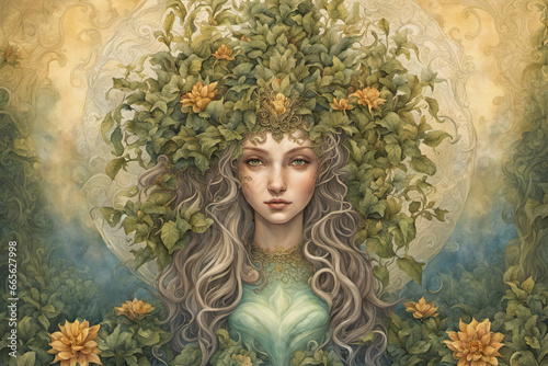 Goddess of the trees, in the forest's domain, Whispers of leaves, mystical reign