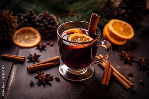 Warm mulled wine with spices with cinnamon sticks, slice of oranges and pinecones on wooden table. Christmas and New Year ambiance. Design for poster, banner, background with copy space for text