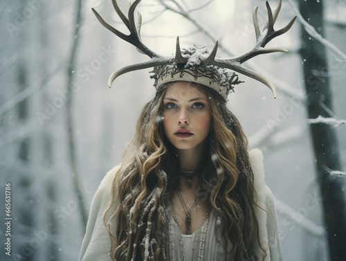 Ethereal woman with deer antlers in snow-filled woods. Winter fantasy. Mystical Pagan Christmas and New Year concept. Design for greeting card, poster, or wallpapers