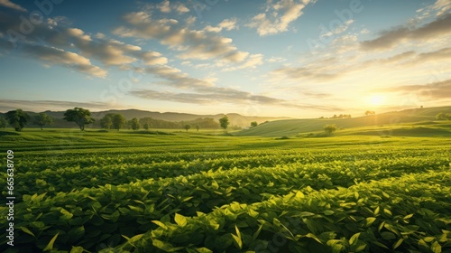 Golden rays of morning sun bathe a vast green field