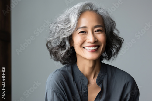 Beautiful grey hair asian woman smiling with smooth face skin.