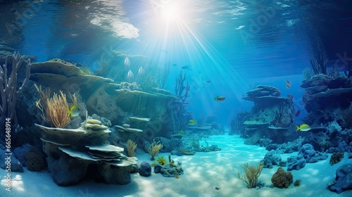 Underwater world, beautiful tropical marine landscape. Algae, rocks and coral reefs. Life in sea or ocean. Blue water with rays of sunlight. AI Generated