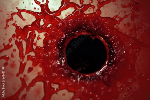 Serial killer washing his victims evidence down the drain. blood going down the drain. draining blood. platter, spatter, splash, puddle, drops, droplets. Gore, macabre, Halloween concept. Slaughter 