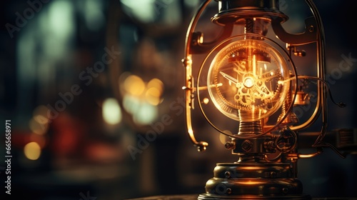 A close-up of a steampunk lamp. The lamp is made of brass and glass, and it has a steam-powered mechanism. The lamp is lit, and the light is casting a warm glow. 