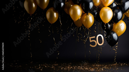Background for a 50 years birthday, golden wedding anniversary, golden numbers on a black background. Golden and black balloons. Golden numbers. Party invitation, menu. 