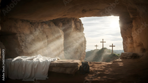 Resurrection Of Jesus Christ, Tomb Empty With Shroud And Crucifixion At Sunrise