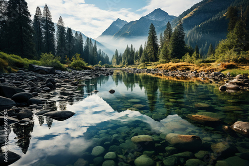 The yosemite river surrounded by mountains, in the style of romantic landscape vistas, glassy translucence, nikon d850, y2k aesthetic, mysterious backdrops, ai generative