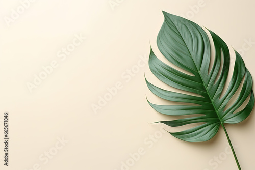 Green tropical leaf on a beige background with copy space
