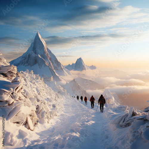 Group of skiers on top of a snowy mountain