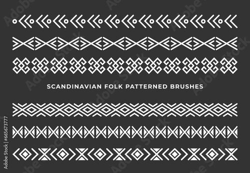 Collection of patterned brushes, decorated with scandinavian ethnic folk ornaments, seamless on both sides