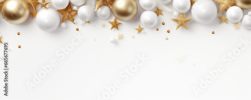 Christmas festive celebration greeting ball decorative ornament greeting festive colorful ball shiny element background. Gold and white colours 