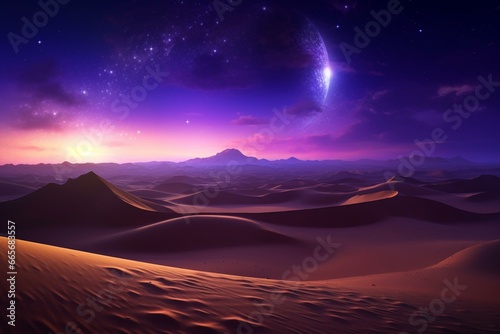A beautiful desert landscape with sand dunes and a stunning purple gradient starry sky. Generative AI