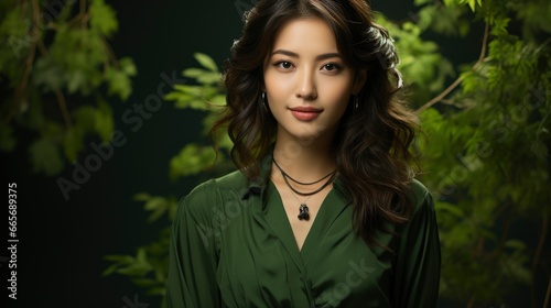 Portrait Young Asian Woman Loking Camera Green, Background Image , Beautiful Women, Hd
