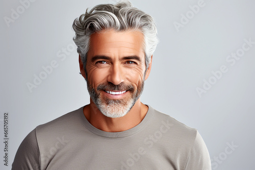 Closeup photo portrait of a handsome old mature man smiling with clean teeth. for a dental ad. guy with fresh stylish hair and beard with strong jawline. isolated on white background