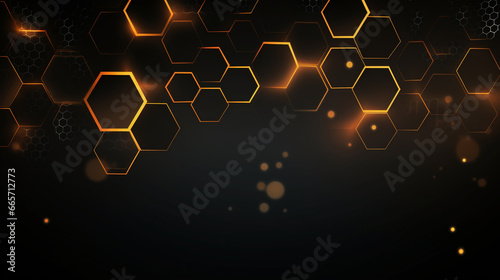 abstract digital technology geometric hexagonal pattern background with glowing yellow neon lights from sides, generated AI
