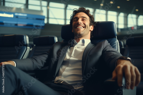 a business man relax smile while seated on VIP chair in airport, rest and calm, Generative Ai.