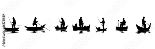 black and white silhouettes of fishing in the boart 