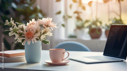 Cup of coffee on the table with laptop and flowers in vase