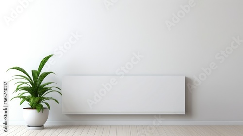 Minimalistic, sleek radiator against a white wall in a contemporary home. Polished metal, sharp edges, clean lines, and sharp focus highlight the design