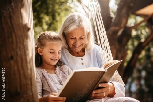 old senior grandmother in swing easy comfort hammock with her child girl nephew reading book together happiness cheerful at home healthy lifestyle