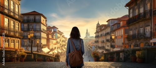 casual relax female traveller walk sight seeing daytour in europe famous beautiful old town with historic architecture famous landmark travel concept