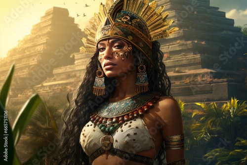 Aztec woman pyramid. Tourist sacred. Generate AI