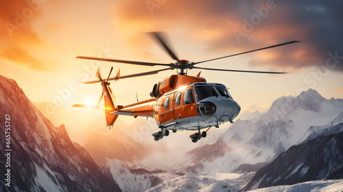 Rescue helicopter flies over snowy mountains, with setting sun at background