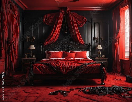 Red bdsm bedroom with bed and pillows