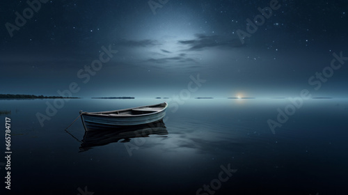 A lone boat drifts across a still lake, the moonlight glimmering on its rippling surface